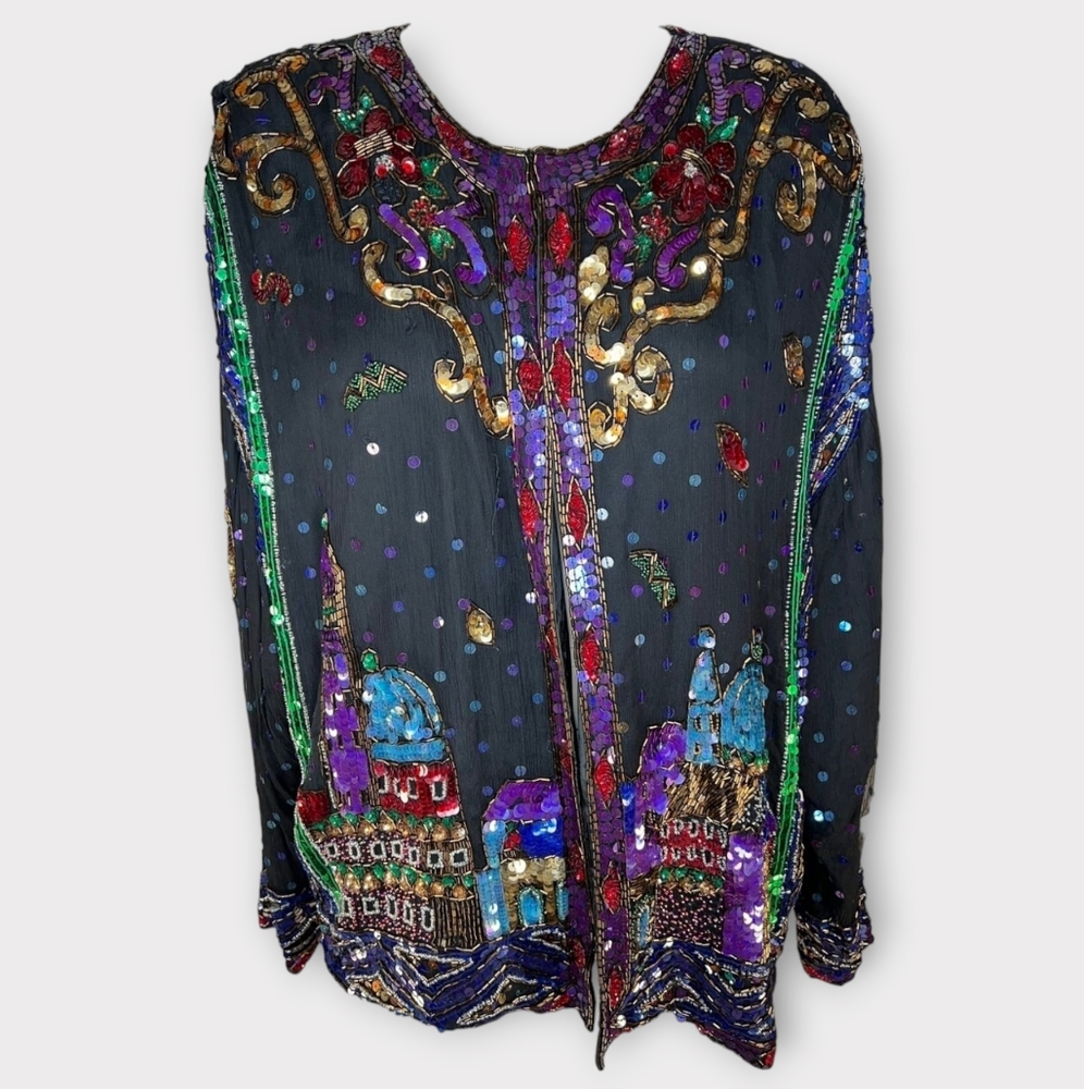 Plus size vintage sequin silk cityscape jacket 2X by TOGETHER!